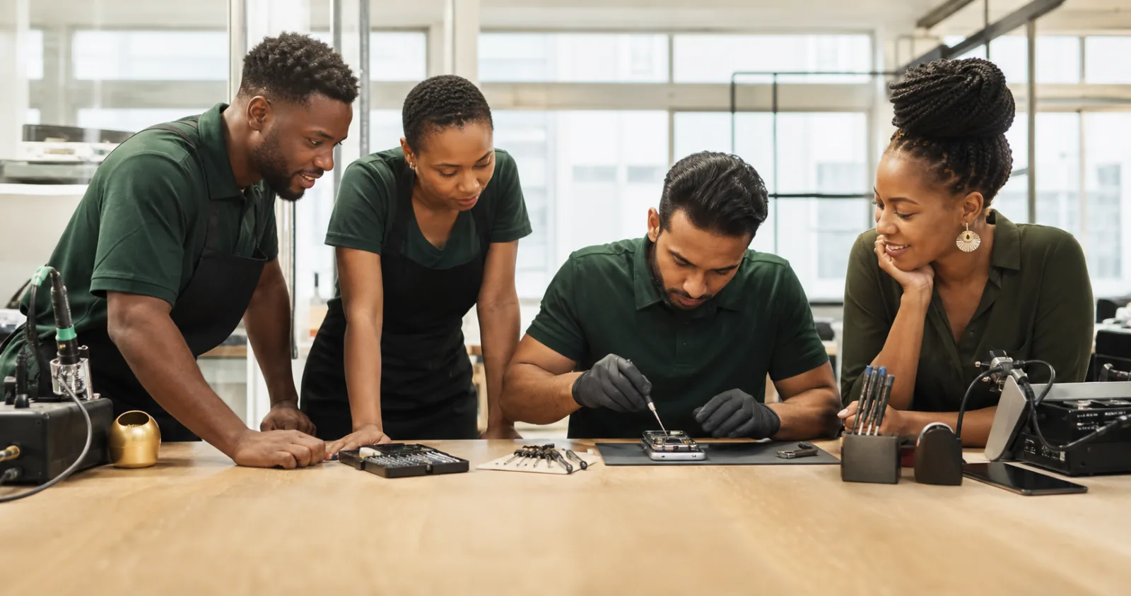 Mobile-device repair professionals working together in a workshop