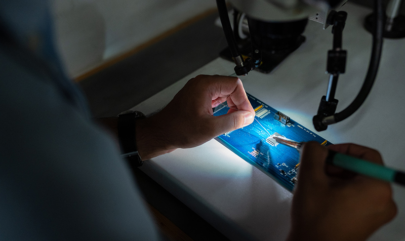 Repair specialist working on a phone circuit board under a microscope